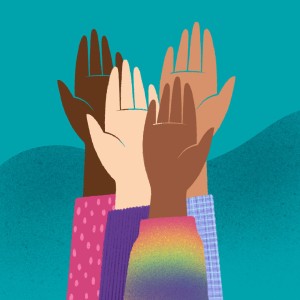 Image of four hands raised palm side open. Each hand shows a different skin colour; Black, White and Brown.  Each hand also shows jumper sleeves below in pink, purple, rainbow pattern and light blue. 