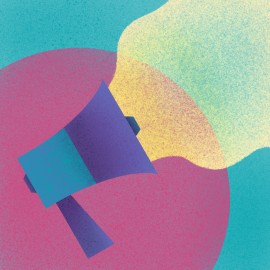 Image shows an illustration of a loudspeaker on a pink and blue background. The loudspeaker is purple and blue. It faces to the right and a yellow cloud is coming from the speaker to illustrate noise.